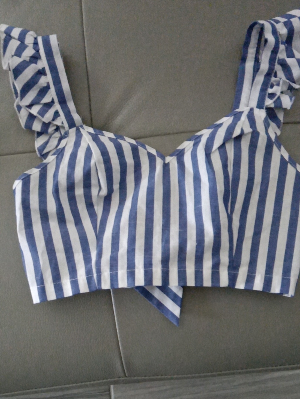 Striped Blue and White Ruffle Strap Open Back Crop Top With Bow Tie
